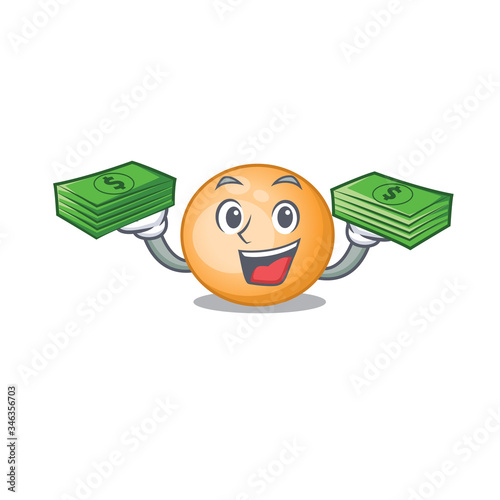 A wealthy staphylocuccus aureus cartoon character having money on hands