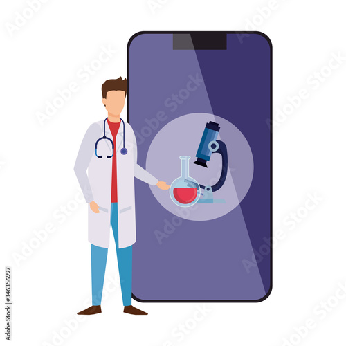 doctor with medicine online by test of covid 19 vector illustration design