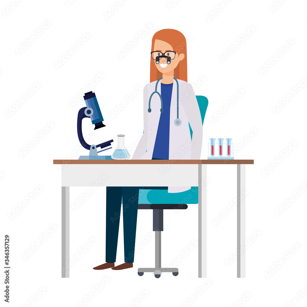 doctor female with microscope in workplace vector illustration design