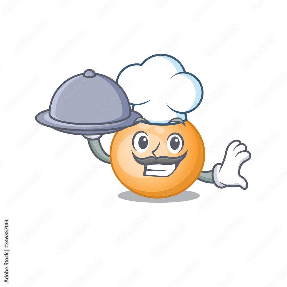 Staphylocuccus aureus chef cartoon character serving food on tray Staphylocuccus aureus chef cartoon character serving food on tray
