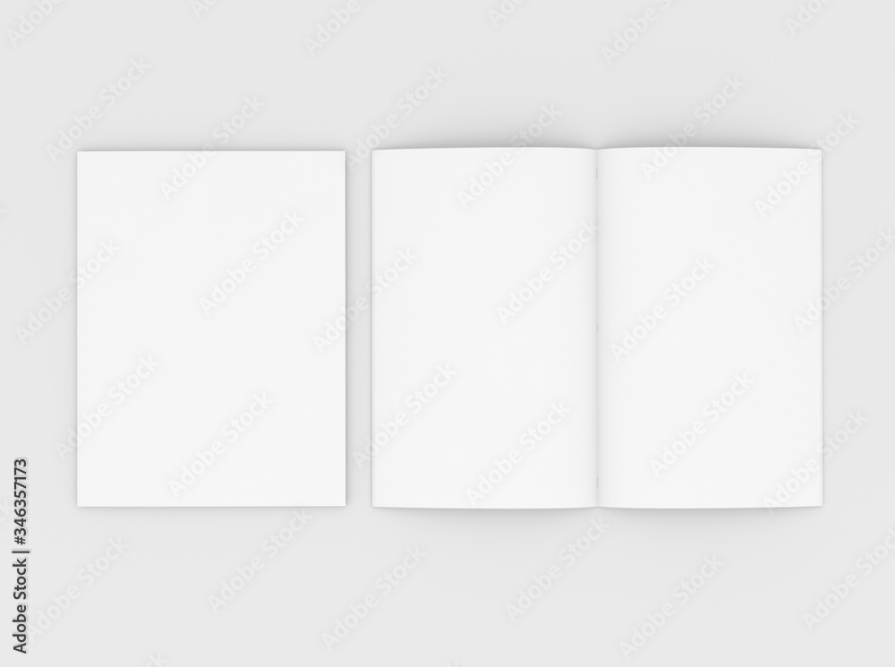 Blank booklet, flyer or brochure mockup template on gray background. 3D Rendering. Blank booklet, flyer or brochure mockup template on gray background. 3D Rendering.