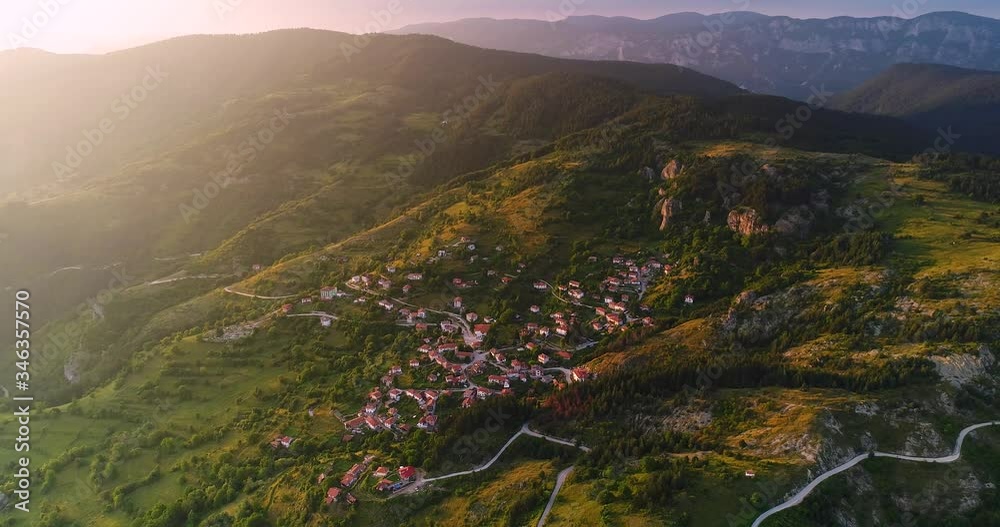 Aerial shot of Borovo village during sunset in Rhodope mountains. Aerial shot of Borovo village during sunset in Rhodope mountains.