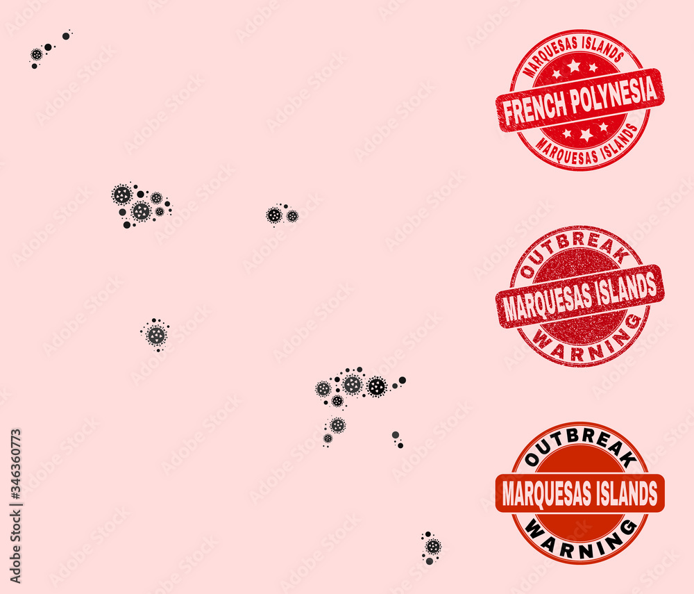 Outbreak collage of infection mosaic Marquesas Islands map and rubber stamps. Vector red imprints with unclean rubber texture and Outbreak Warning caption. Outbreak collage of infection mosaic Marquesas Islands map and rubber stamps. Vector red imprints with unclean rubber texture and Outbreak Warning caption.