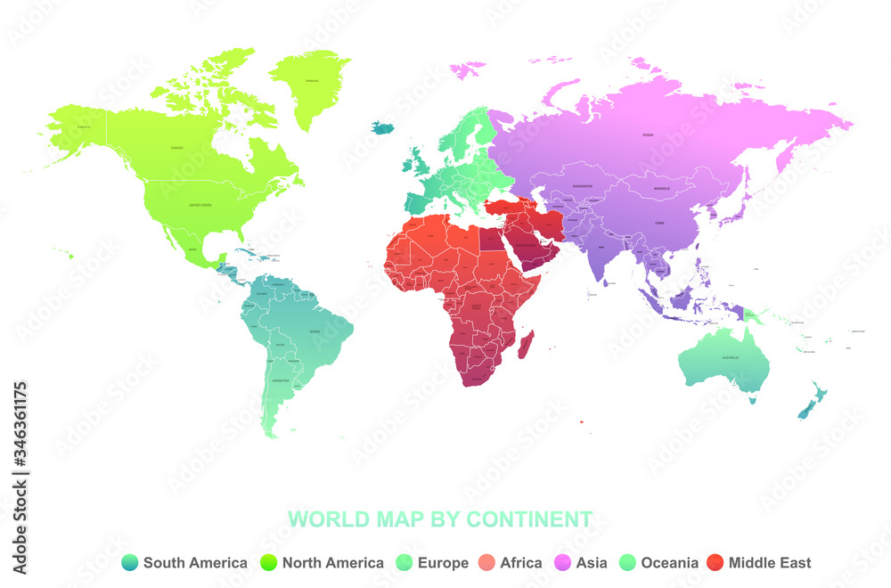 world map vector. high world map countries named by  continent. 