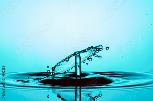 Water Drop Collisions Macro Photography with blue background photo