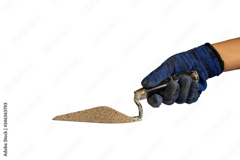 Sand for mixing cement on a plastering trowel, including the hands of a builder olated on white background with the clipping path. Sand for mixing cement on a plastering trowel, including the hands of a builder olated on white background with the clipping path.