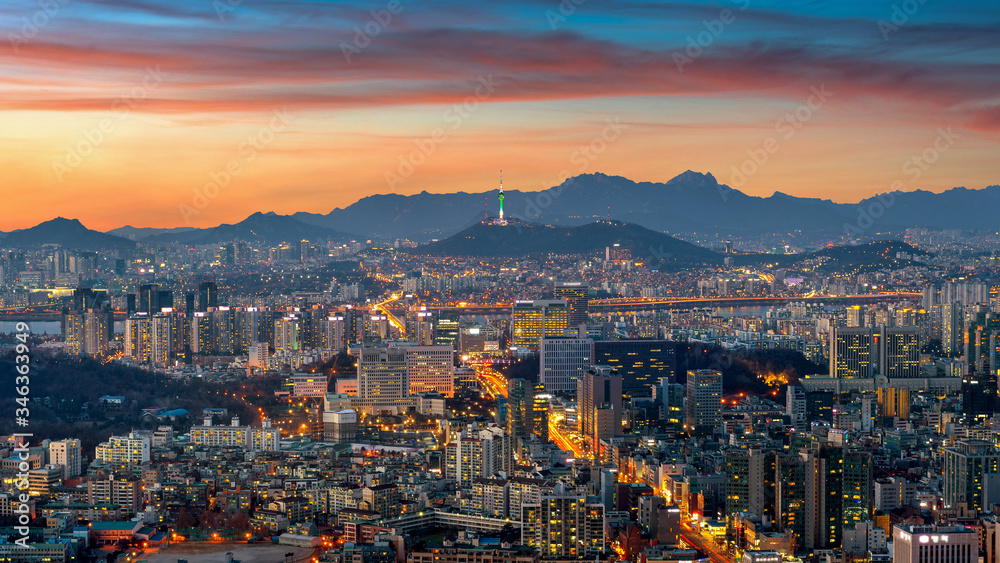 Seoul cityscape at twilight in South Korea.