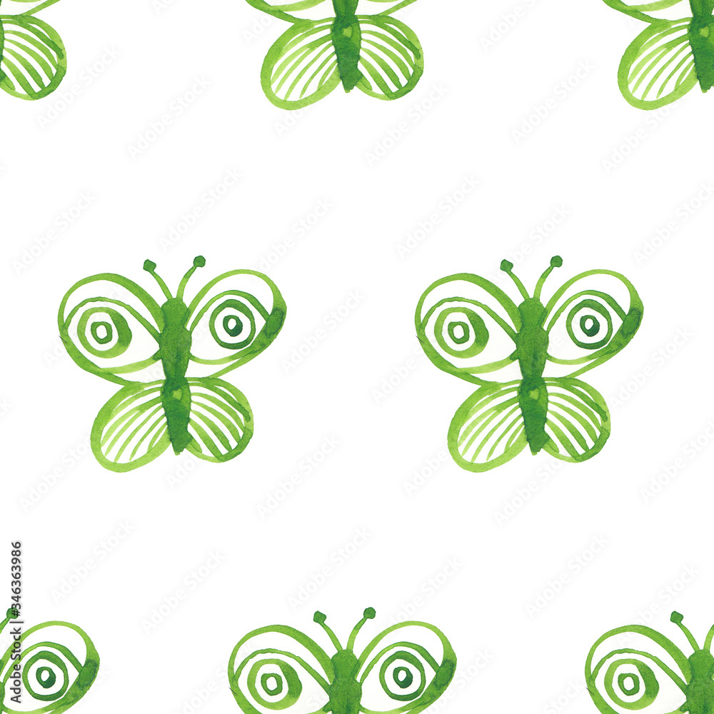 Seamless pattern of green butterfly isolated on white background. Hand drawn butterfly in a children style in green watercolor Seamless pattern of green butterfly isolated on white background. Hand drawn butterfly in a children style in green watercolor