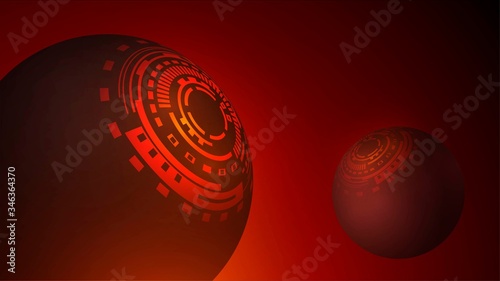 Red background with futuristic glowing balls, abstract apocalyptic space