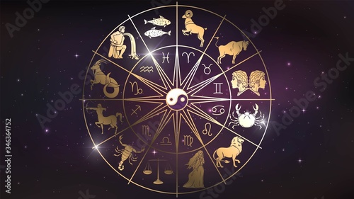 Golden wheel chart with zodiac signs in space, astrology and horoscope photo