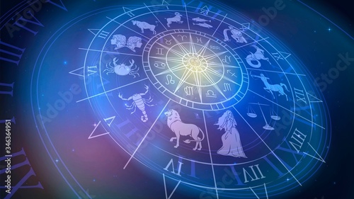 Wheel chart with zodiac signs in space, astrology and horoscope photo