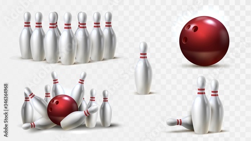 Fotografija Bowling equipment set, white skittles and red ball
