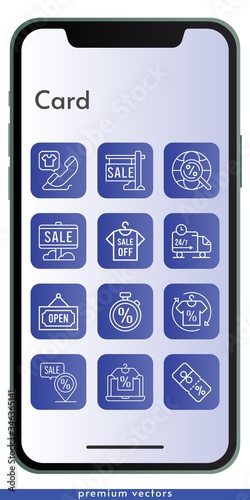 card icon set. included online shop, sale, shirt, phone call, discount, delivery truck, placeholder, internet, open, stopwatch icons on phone design background . linear styles.