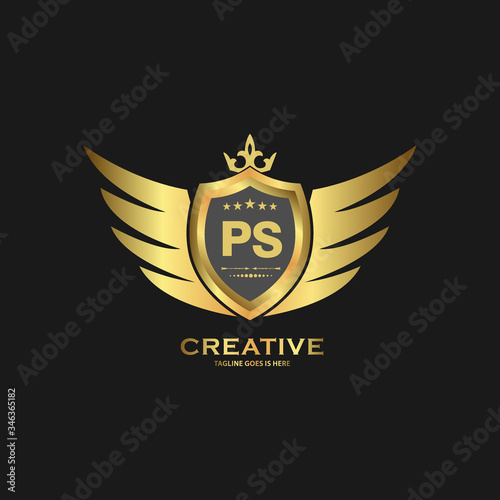 Abstract letter PS shield logo design template. Premium nominal monogram business sign.
