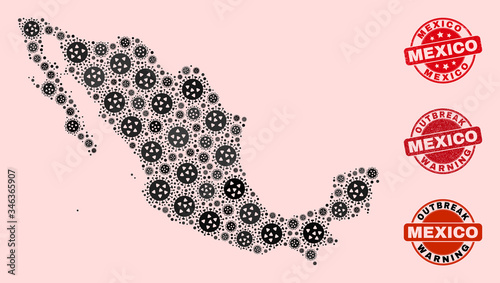 Outbreak collage of covid-2019 mosaic Mexico map and corroded stamps. Vector red seals with grunge rubber texture and Outbreak Warning caption. Mosaic Mexico map constructed with covid-2019 virus,