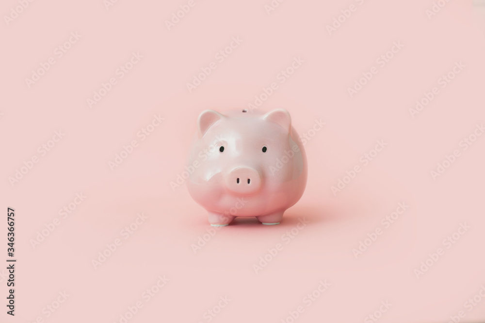 Close-up of pink piggy bank standing on pale pink background