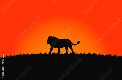 The black silhouette of a lion on a grass hill with an orange backdrop.
