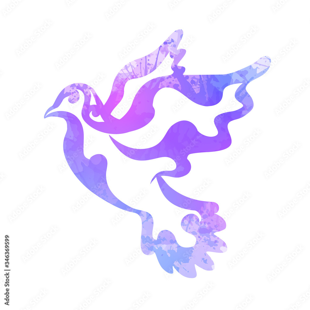 Patterned watercolor silhouette of a flying dove with splashes on a white background. The bird of the world. Religious symbol. Vector element for tattoo, greeting cards, banners and your creativity. Patterned watercolor silhouette of a flying dove with splashes on a white background. The bird of the world. Religious symbol. Vector element for tattoo, greeting cards, banners and your creativity.