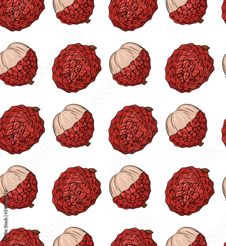 Seamless pattern with sketch lychee tropical fruit on a white background. Whole and half berries in row. Exotic delicious delicacy. Vector texture for menus, recipes and your design.
