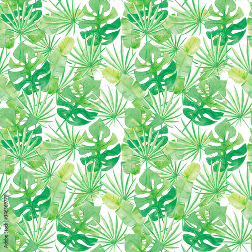 Watercolor seamless pattern. Tropical leaves of Banana, Monstera, Palm. Trendy illustration Isolated on white background. Hand drawn. Design for kitchen, textile fabrics, invitations, cards, wall art.