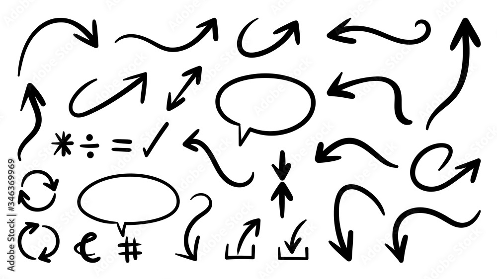 Obraz premium Hand drawn arrow doodle icons vector set.
