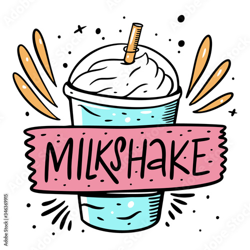 Vibrant vector illustration of a milkshake in a clear glass with whipped cream and syrup. Perfect design element for cafe menus, posters, or dairy product advertisements.