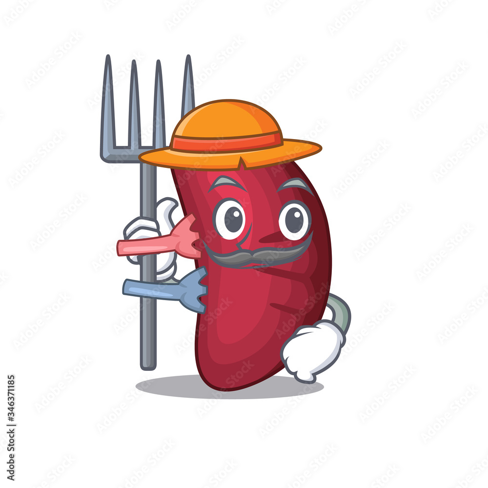 Cartoon character design of human spleen as a Farmer with hat and pitchfork