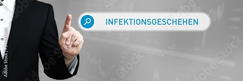 Infektionsgeschehen. Mann im Anzug zeigt mit dem Finger auf ein Suchfeld. Der Begriff Infektionsgeschehen steht in der Suche. Symbol für Business, Finanzen, Statistik, Analyse, Wirtschaft photo