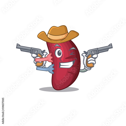 Cute handsome cowboy of human spleen cartoon character with guns