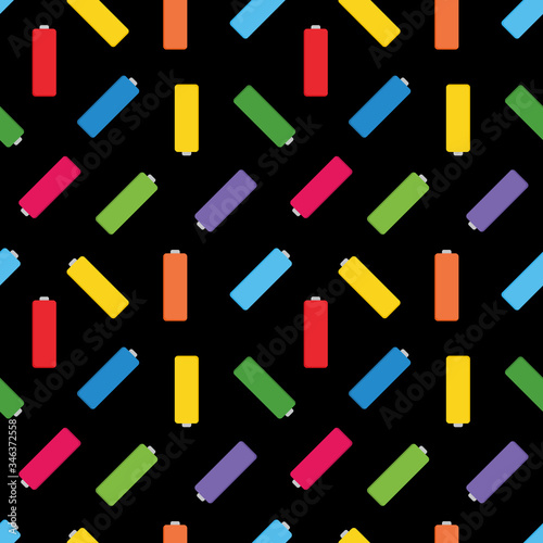 Vector colorful batteries, accumulators seamless pattern background.