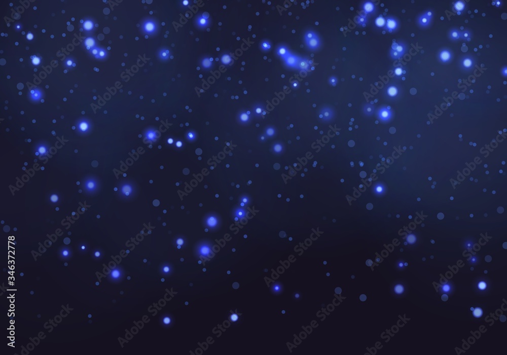 Blue bokeh light background. Sparkle effect with particles. Magic overlay dust. Glitter blur texture.