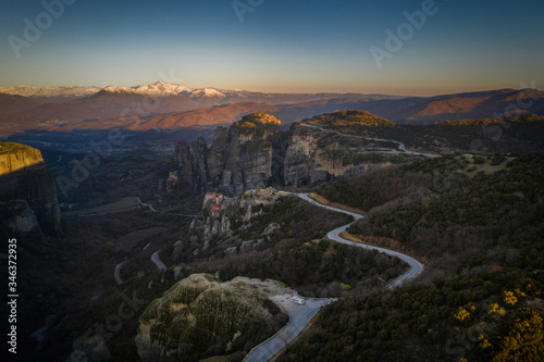 Scenic sunset evening sky over holy Varlaam monastery on cliff in Meteora, Thessaly Greece. Greek destinations