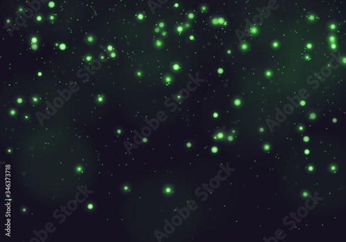 Green bokeh light background. Sparkle effect with particles. Magic overlay dust. Glitter blur texture.