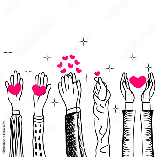 doodle hands up,Hands clapping with love. Concept of charity and donation. Give and share your love to people. vector illustration