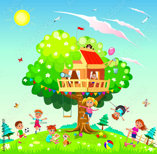 Happy children play near the tree house. Children play near a tree. Tree house for children. Sky  sun  clouds