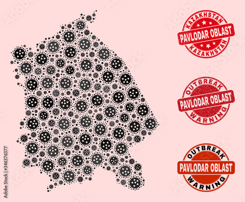 Outbreak composition of infection mosaic Pavlodar Region map and rubber stamps. Vector red seals with unclean rubber texture and Outbreak Warning caption. photo