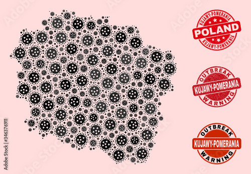 Outbreak combination of infection mosaic Kujawy-Pomerania Province map and rubber stamps. Vector red seals with distress rubber texture and Outbreak Warning caption. © Evgeny