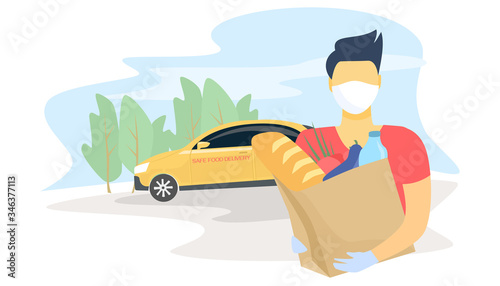 Flat vector illustration. Safe food delivery. Masked courier and gloves with a package of products. Buying food during quarantine. Safe delivery by car.