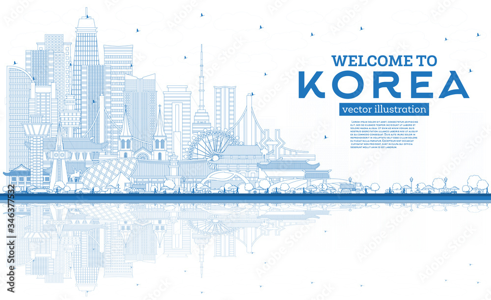 Outline Welcome to South Korea City Skyline with Blue Buildings and Reflections.