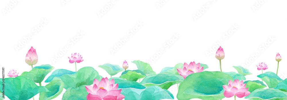蓮の花の水彩イラスト、水平方向のシームレスパターン　