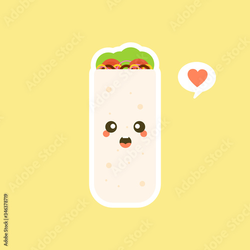 Cute funny smiling happy burrito. Cute mexican food.