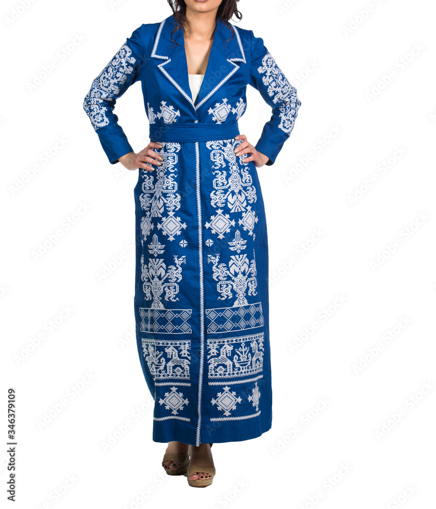 Beautiful woman dressed in evening gown over white background Beautiful woman dressed in evening gown over white background