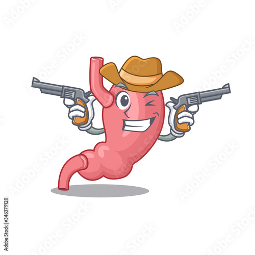 Cute handsome cowboy of human stomatch cartoon character with guns