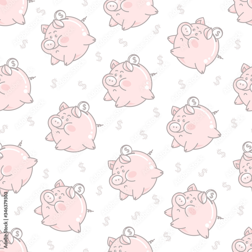 Seamles texture with pink piggy banks and dollar sign. Childish vector pattern piglets and coins