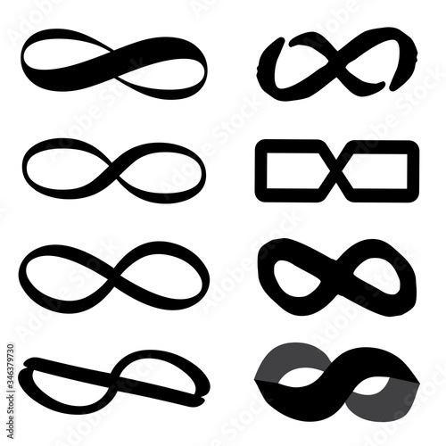 Infinity sign in black, different thickness, shape and shape on a white background. Vector illustration. Stock Photo.