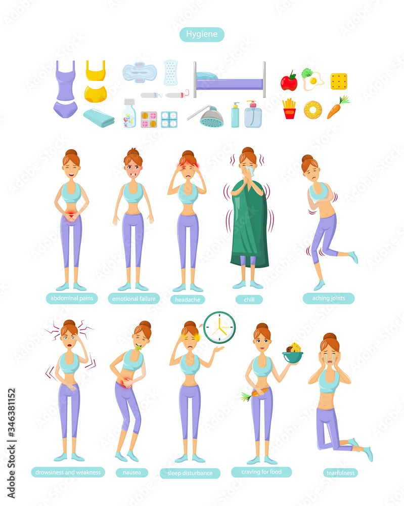 PMS - Young woman with premenstrual syndrome symptoms and Hygiene cartoon vector PMS - Young woman with premenstrual syndrome symptoms and Hygiene cartoon vector