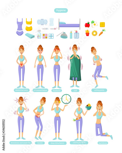 PMS - Young woman with premenstrual syndrome symptoms and Hygiene cartoon vector