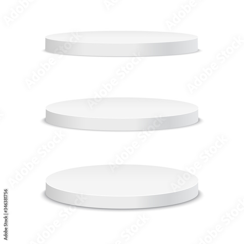 White podium. Round 3d empty podium with steps. Vector mockup.