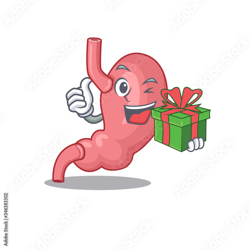 Smiling human stomatch cartoon character having a green gift box