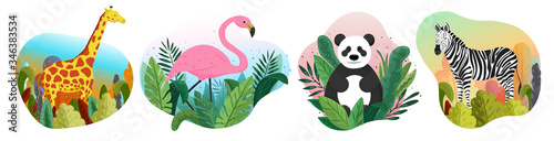 Collection of wild animals in the nature. Vector illustration isolated on white background.